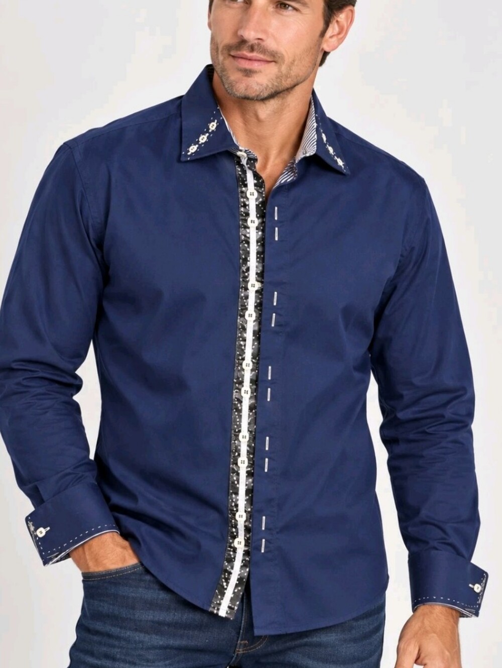 Bespoke Men's Blue Dress Shirt Long Sleeve Button Up Designer Detail - XXL